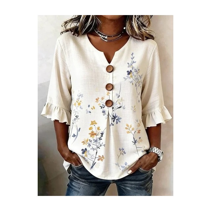 Women Floral V Neck Half Sleeve Blouse Printing Vintage Daily Summer Top