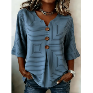 Women Striped V Neck Half Sleeve Blouse Printing Vintage Daily Summer Top