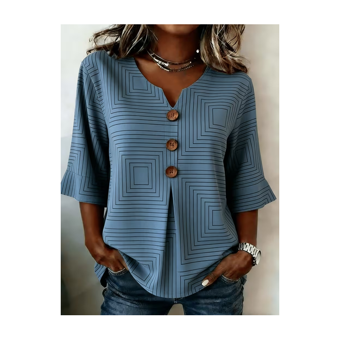 Women Striped V Neck Half Sleeve Blouse Printing Vintage Daily Summer Top