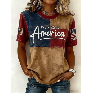 Women Independence Day (Flag) Short Sleeve Tee T-shirt Crew Neck Printing Casual Graphic Tee Summer Top