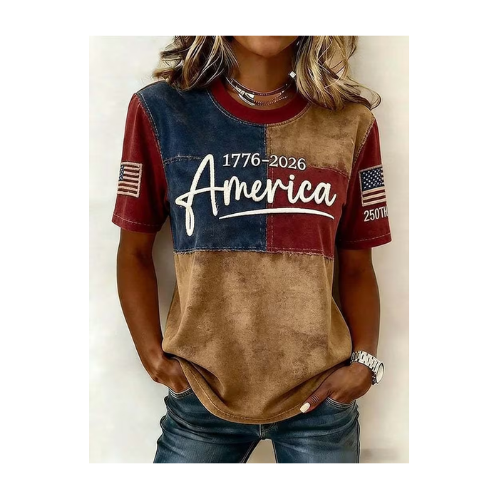 Women Independence Day (Flag) Short Sleeve Tee T-shirt Crew Neck Printing Casual Graphic Tee Summer Top