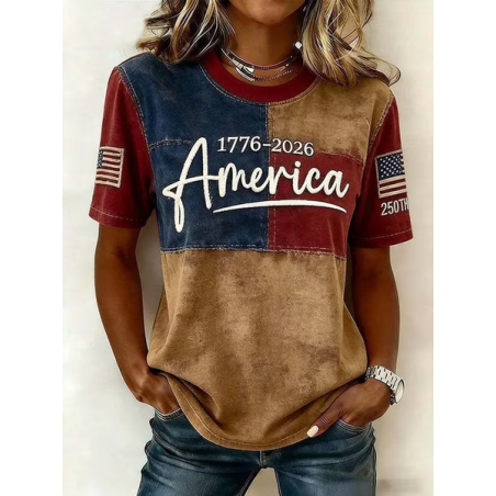 Women Independence Day (Flag) Short Sleeve Tee T-shirt Crew Neck Printing Casual Graphic Tee Summer Top