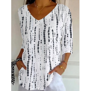 Women Abstract Three Quarter Sleeve Tee T-shirt V Neck Printing Casual Graphic Tee Spring/Fall Top