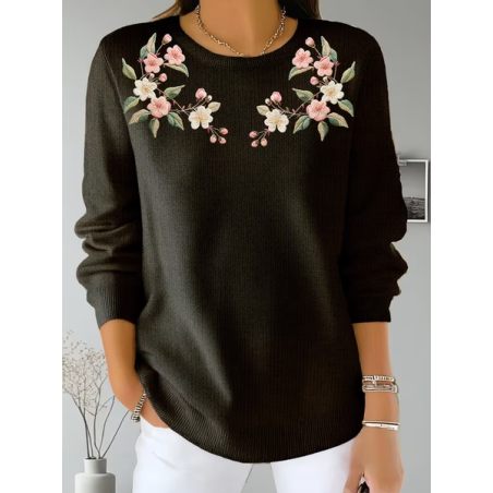 Women Floral Printing Spring/Fall Casual Long Sleeve Crew Neck Sweater