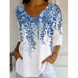Women Floral Three Quarter Sleeve Tee T-shirt V Neck Printing Casual Graphic Tee Spring/Fall Top
