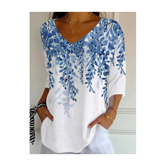 Women Floral Three Quarter Sleeve Tee T-shirt V Neck Printing Casual Graphic Tee Spring/Fall Top