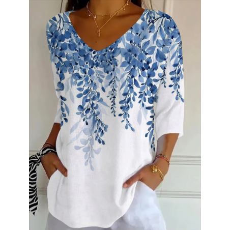 Women Floral Three Quarter Sleeve Tee T-shirt V Neck Printing Casual Graphic Tee Spring/Fall Top