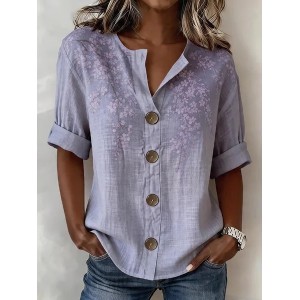 Women Floral Stand Collar Long Sleeve Shirt Buckle Casual Daily Spring/Fall Top