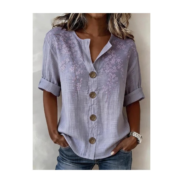 Women Floral Stand Collar Long Sleeve Shirt Buckle Casual Daily Spring/Fall Top