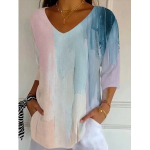 Women Abstract Three Quarter Sleeve Tee T-shirt V Neck Printing Casual Graphic Tee Spring/Fall Top