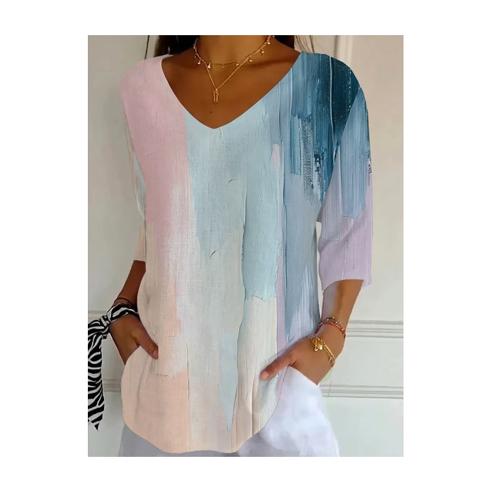 Women Abstract Three Quarter Sleeve Tee T-shirt V Neck Printing Casual Graphic Tee Spring/Fall Top