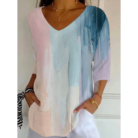 Women Abstract Three Quarter Sleeve Tee T-shirt V Neck Printing Casual Graphic Tee Spring/Fall Top