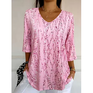 Women Abstract Three Quarter Sleeve Tee T-shirt V Neck Printing Casual Graphic Tee Spring/Fall Top