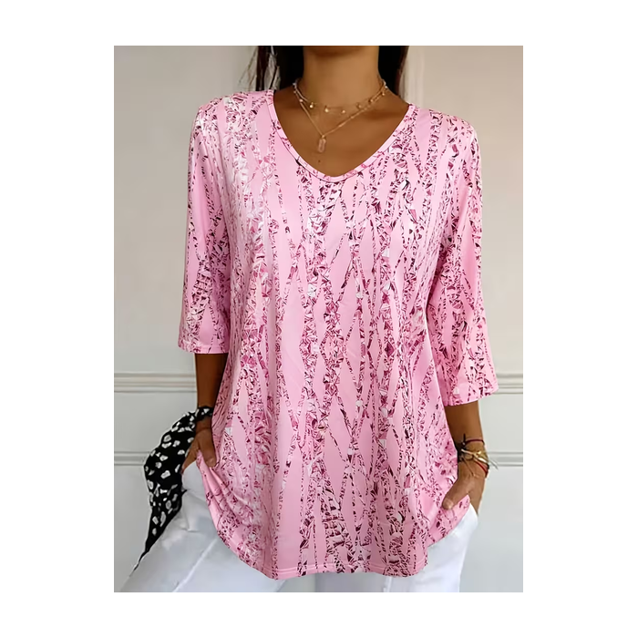 Women Abstract Three Quarter Sleeve Tee T-shirt V Neck Printing Casual Graphic Tee Spring/Fall Top