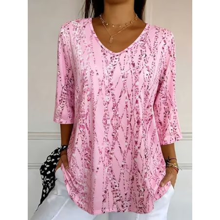 Women Abstract Three Quarter Sleeve Tee T-shirt V Neck Printing Casual Graphic Tee Spring/Fall Top