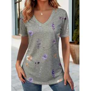 Women Floral Short Sleeve Tee T-shirt V Neck Printing Vintage Summer Top