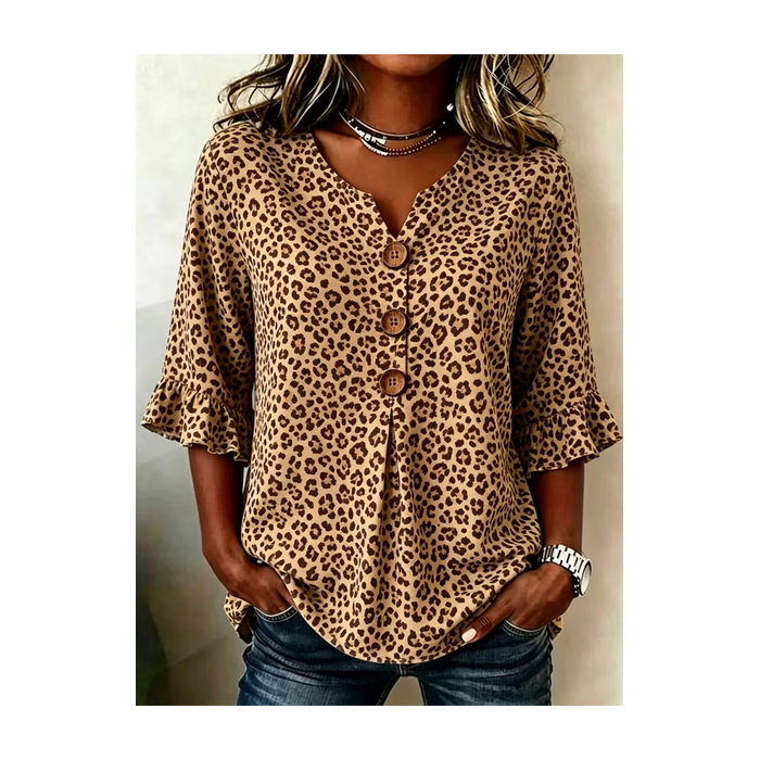 Women Leopard V Neck Half Sleeve Blouse Printing Vintage Daily Summer Top