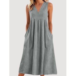 Women Plain Sleeveless V Neck Dress Daily Vintage Maxi A-Line Summer Dress