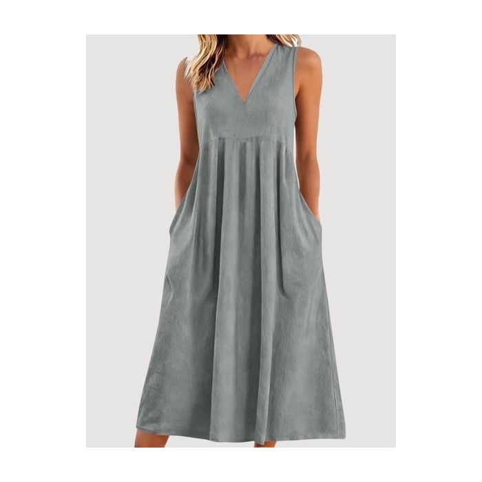 Women Plain Sleeveless V Neck Dress Daily Vintage Maxi A-Line Summer Dress