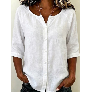 Women Plain Crew Neck Half Sleeve Shirt Buckle Casual Daily Summer Top