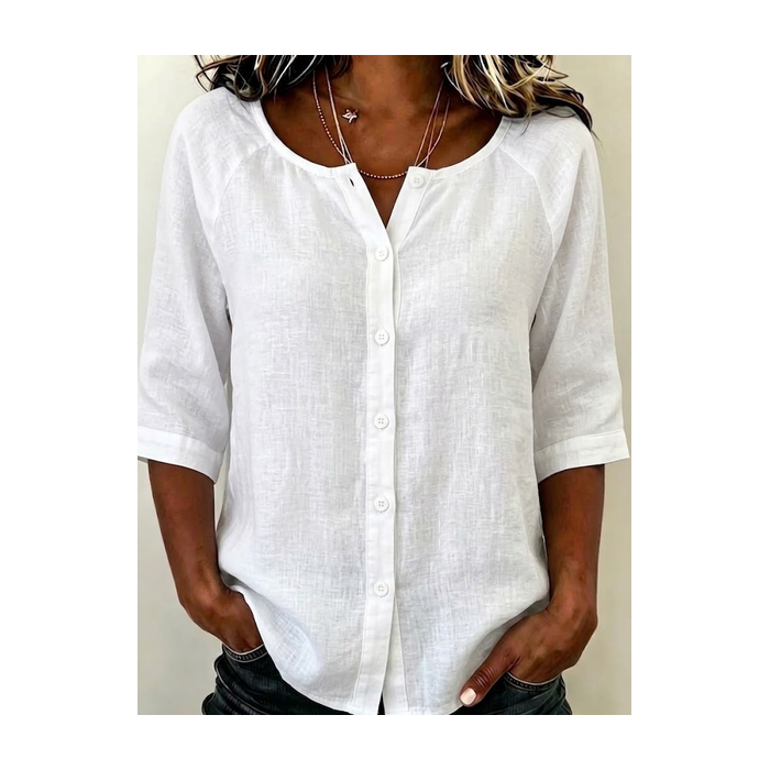 Women Plain Crew Neck Half Sleeve Shirt Buckle Casual Daily Summer Top