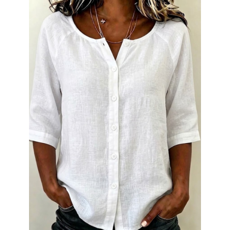 Women Plain Crew Neck Half Sleeve Shirt Buckle Casual Daily Summer Top