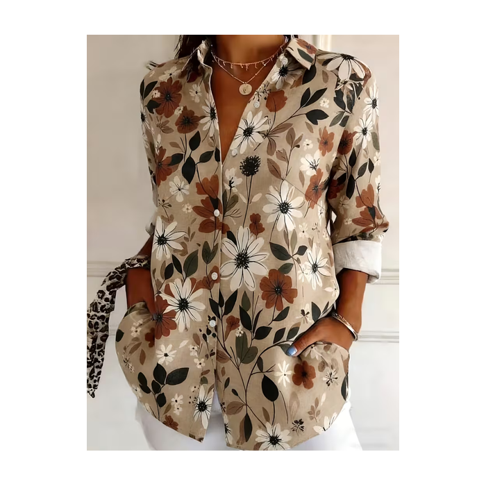 Women Floral Shirt Collar Long Sleeve Shirt Buckle Regular Sleeve Casual Daily Spring/Fall Top