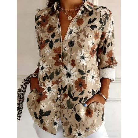 Women Floral Shirt Collar Long Sleeve Shirt Buckle Regular Sleeve Casual Daily Spring/Fall Top