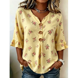 Women Floral V Neck Half Sleeve Blouse Printing Vintage Daily Summer Top