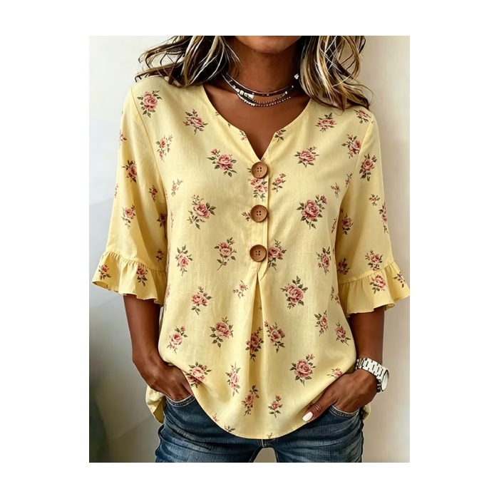 Women Floral V Neck Half Sleeve Blouse Printing Vintage Daily Summer Top