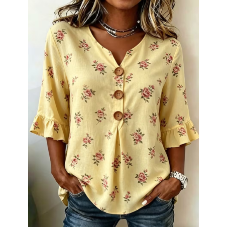Women Floral V Neck Half Sleeve Blouse Printing Vintage Daily Summer Top