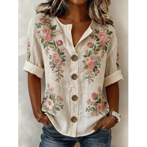 Women Floral Stand Collar Long Sleeve Shirt Buckle Casual Daily Spring/Fall Top