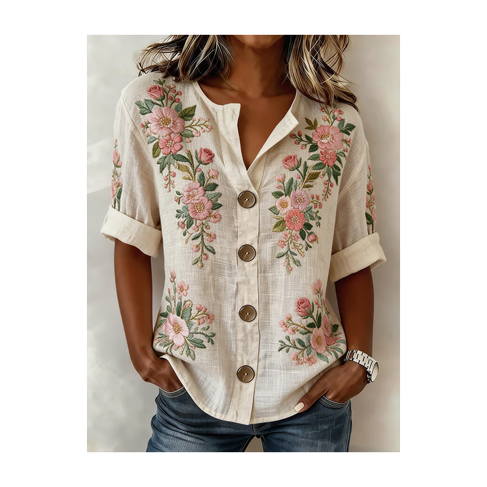 Women Floral Stand Collar Long Sleeve Shirt Buckle Casual Daily Spring/Fall Top