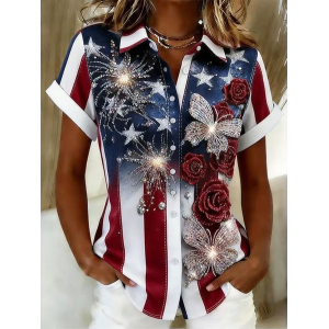 Women Floral Shirt Collar Short Sleeve Shirt Printing Casual Daily Summer Top