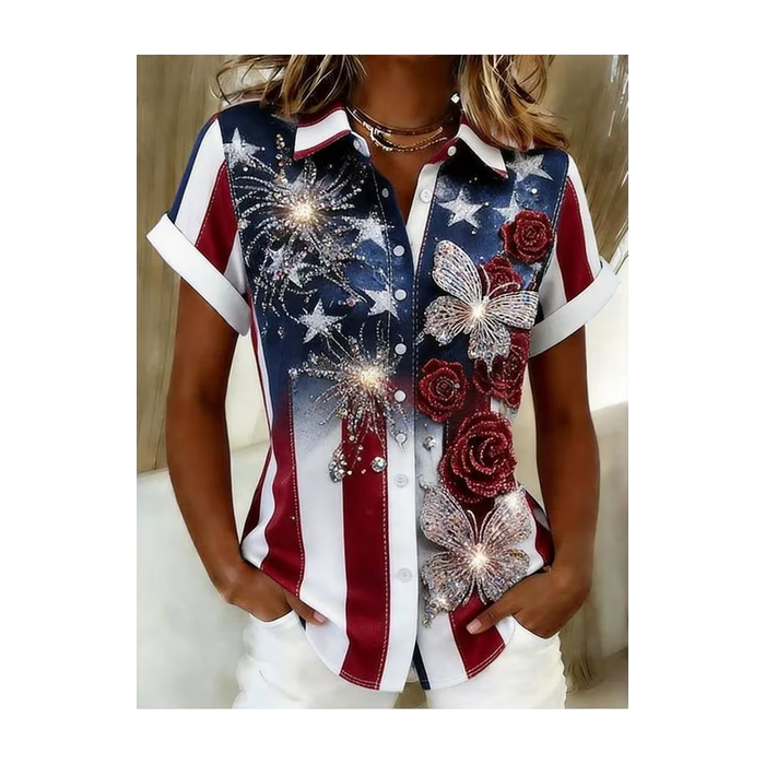 Women Floral Shirt Collar Short Sleeve Shirt Printing Casual Daily Summer Top