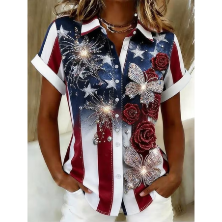 Women Floral Shirt Collar Short Sleeve Shirt Printing Casual Daily Summer Top
