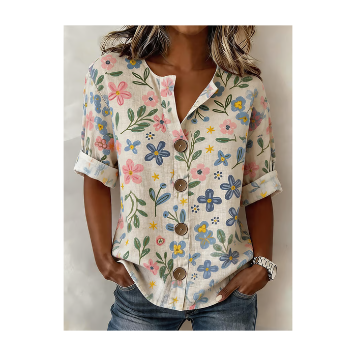 Women Floral Stand Collar Long Sleeve Shirt Buckle Casual Daily Spring/Fall Top