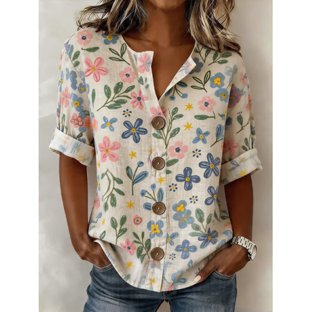 Women Floral Stand Collar Long Sleeve Shirt Buckle Casual Daily Spring/Fall Top
