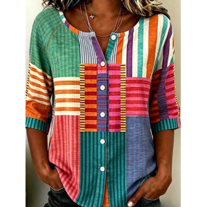 Women Abstract Stripes Crew Neck Half Sleeve Shirt Printing Casual Daily Summer Top