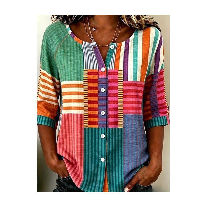 Women Abstract Stripes Crew Neck Half Sleeve Shirt Printing Casual Daily Summer Top