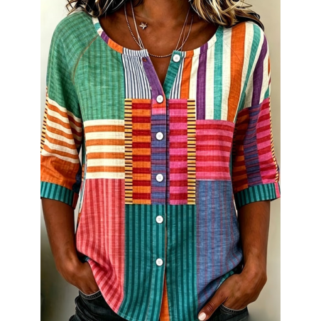 Women Abstract Stripes Crew Neck Half Sleeve Shirt Printing Casual Daily Summer Top