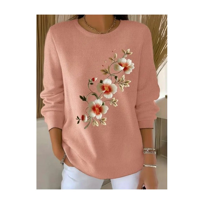 Women Floral Printing Spring/Fall Casual Long Sleeve Crew Neck Sweater