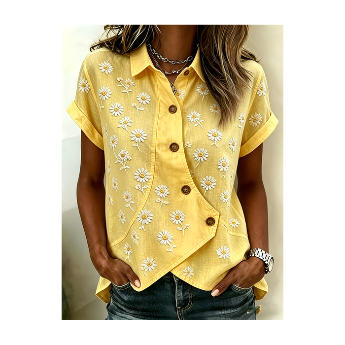 Women Floral Shawl Collar Short Sleeve Shirt Printing Vintage Daily Summer Top