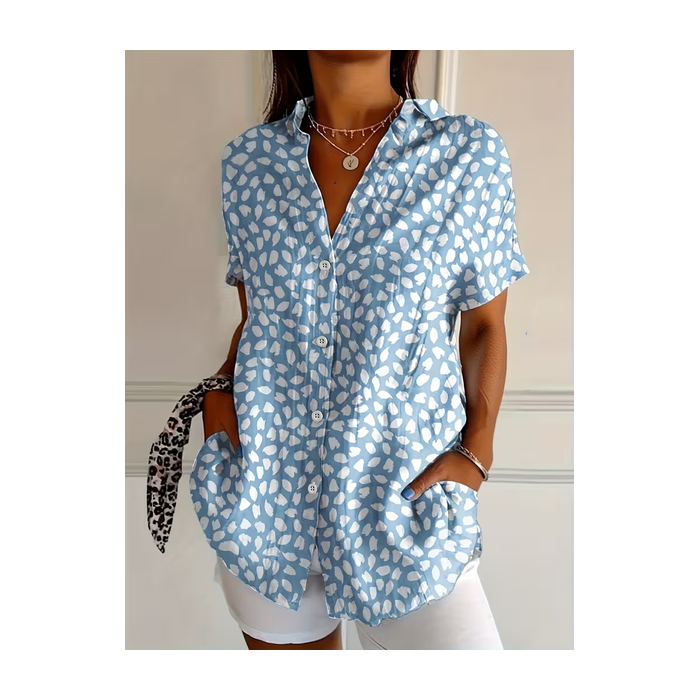 Women Abstract Shirt Collar Short Sleeve Shirt Printing Casual Daily Summer Top