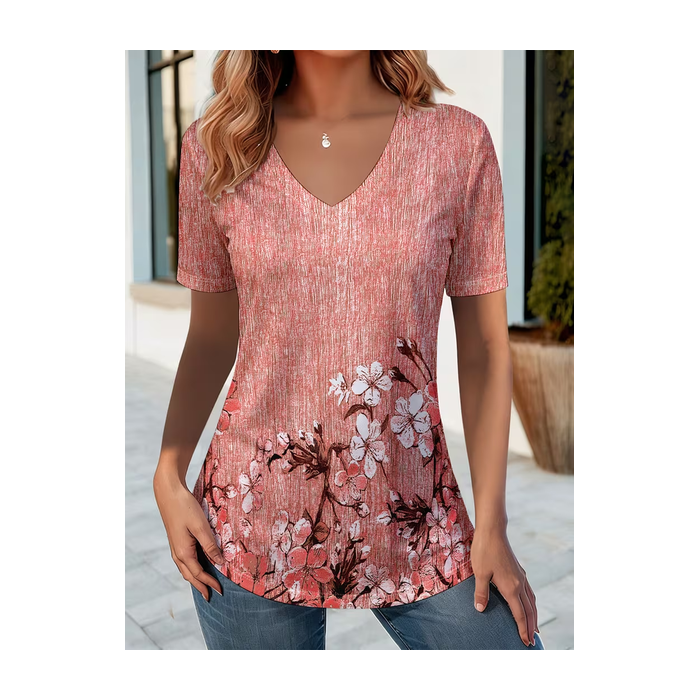 Women Floral Short Sleeve Tee T-shirt V Neck Printing Vintage Summer Top