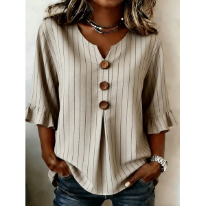 Women Striped V Neck Half Sleeve Blouse Printing Vintage Daily Summer Top