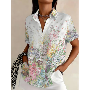 Women Floral Shirt Collar Short Sleeve Shirt Printing Casual Daily Summer Top