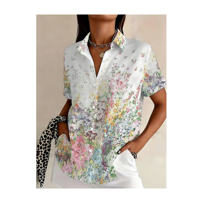 Women Floral Shirt Collar Short Sleeve Shirt Printing Casual Daily Summer Top
