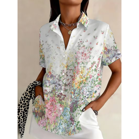 Women Floral Shirt Collar Short Sleeve Shirt Printing Casual Daily Summer Top