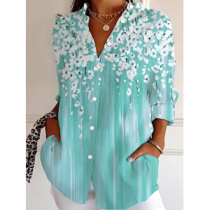 Women Floral Shirt Collar Long Sleeve Shirt Buckle Regular Sleeve Casual Daily Spring/Fall Top